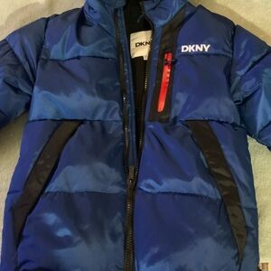 DKNY Blue Quilted Puffer Jacket with Red Zip Detail size 10/12